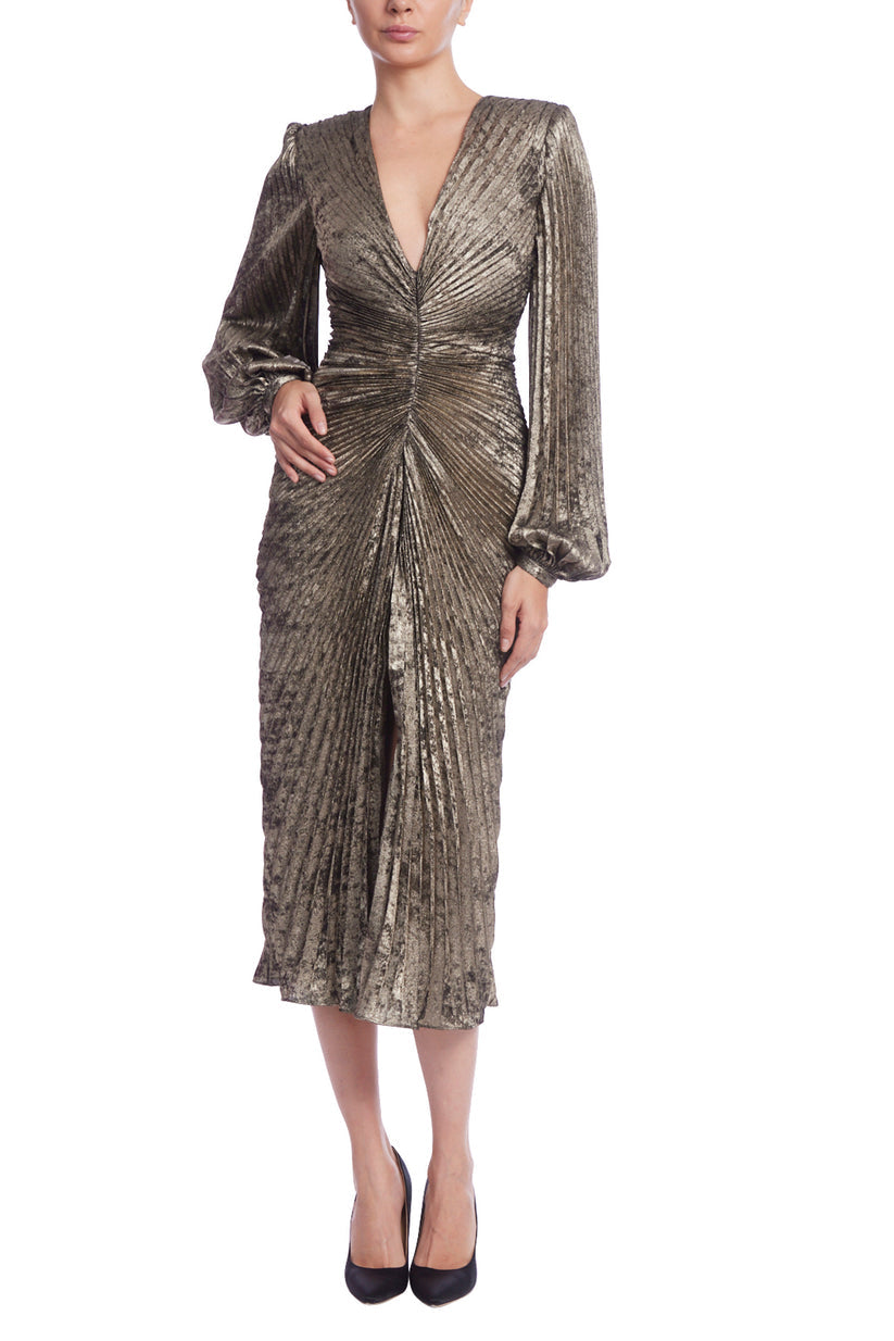 Badgley Mischka SC4310 Long Sleeve Metallic Cocktail Midi Dress