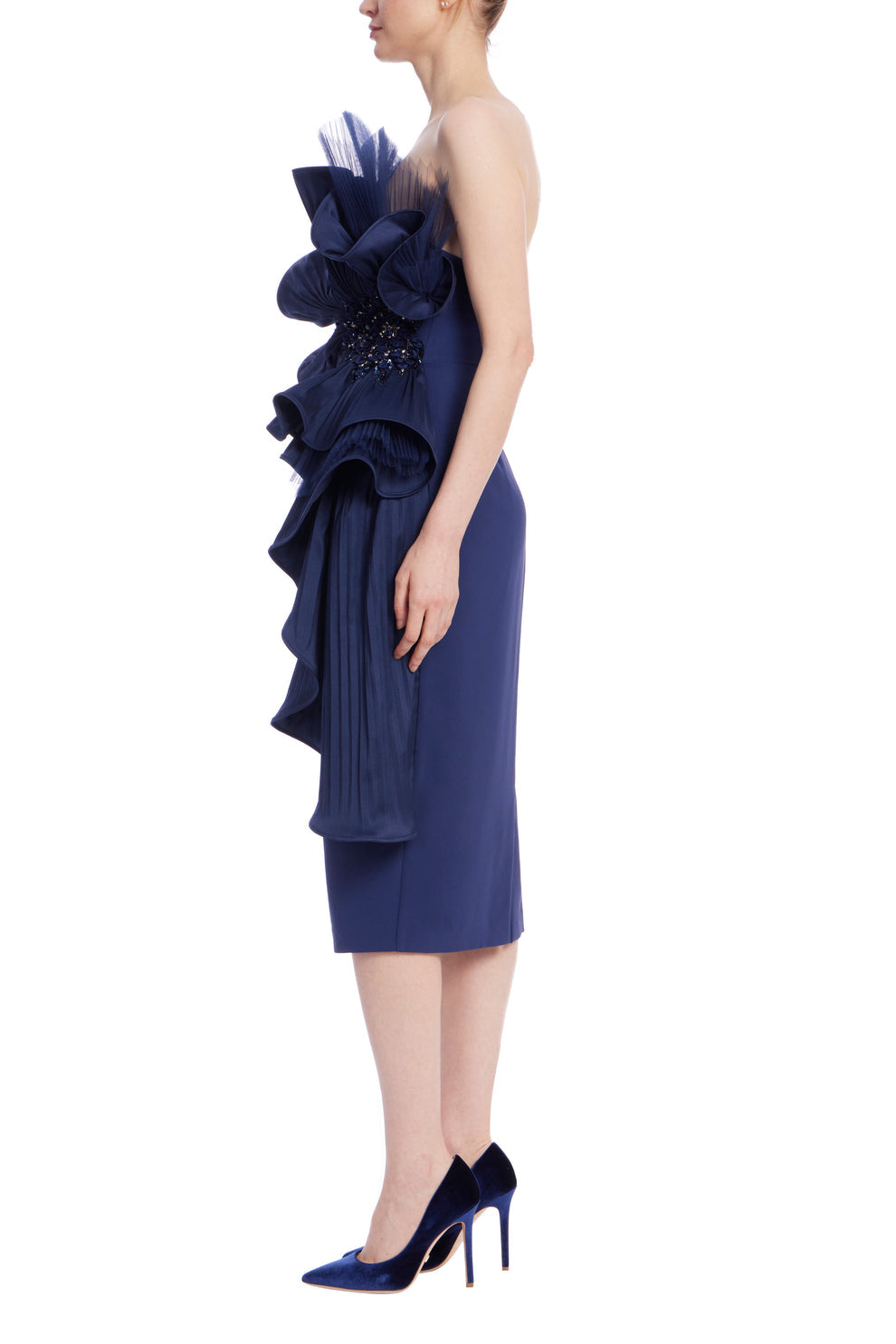 Badgley Mischka SC4329 Short Cocktail Pleated Ruffle Midi Dress