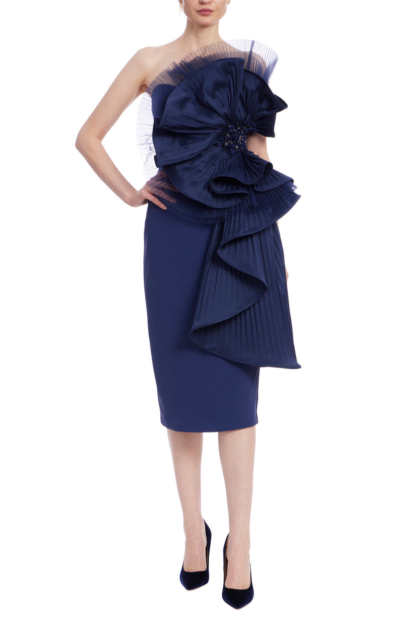 Badgley Mischka SC4329 Short Cocktail Pleated Ruffle Midi Dress