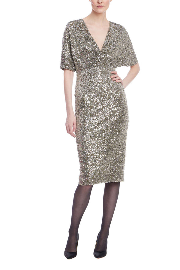 V-Neck Knee-Length Sequin Formal Sheath Dress Short Sleeves Badgley Mischka SC4500