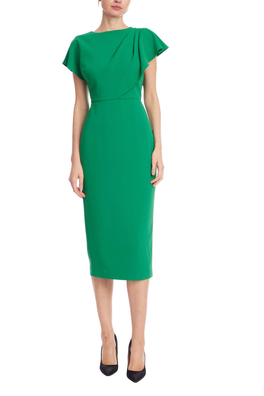 Green Bateau Neck Midi Crepe Cocktail Dress Flutter Sleeve Badgley Mischka SC4567