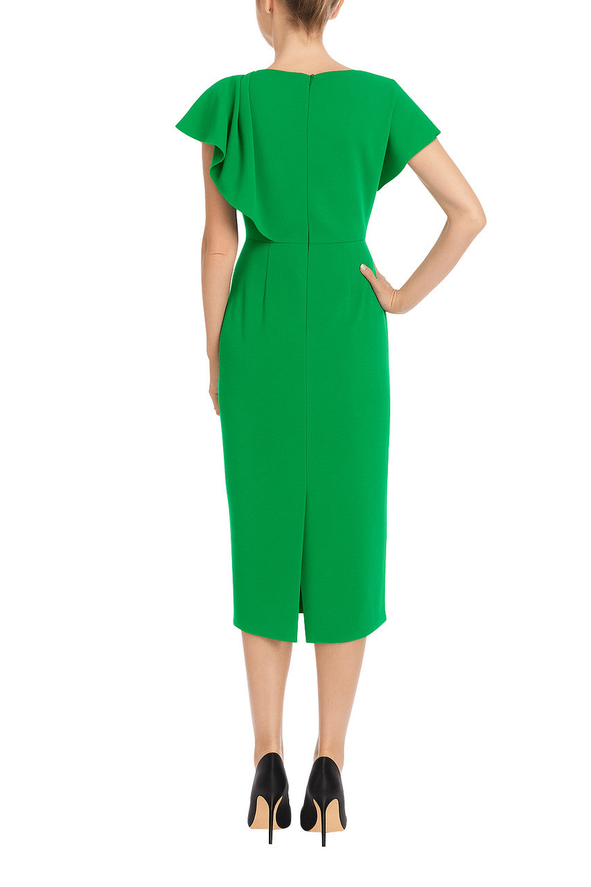 Green Bateau Neck Midi Crepe Cocktail Dress Flutter Sleeve Badgley Mischka SC4567
