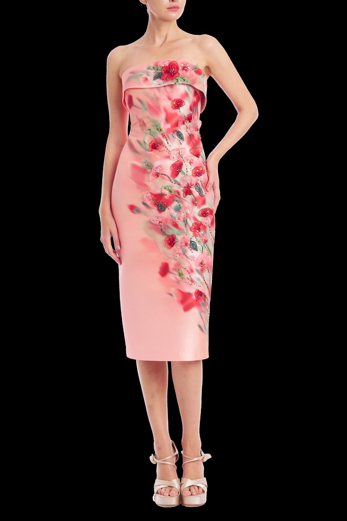 Badgley Mischka Strapless Beaded Floral Sheath Dress SC4592