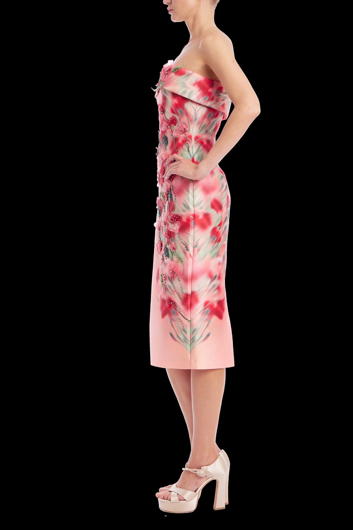Badgley Mischka Strapless Beaded Floral Sheath Dress SC4592