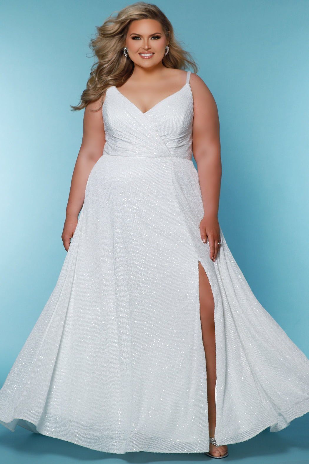 Sydneys Closet SC5305 Long A Line Sequin Slit Wedding Dress