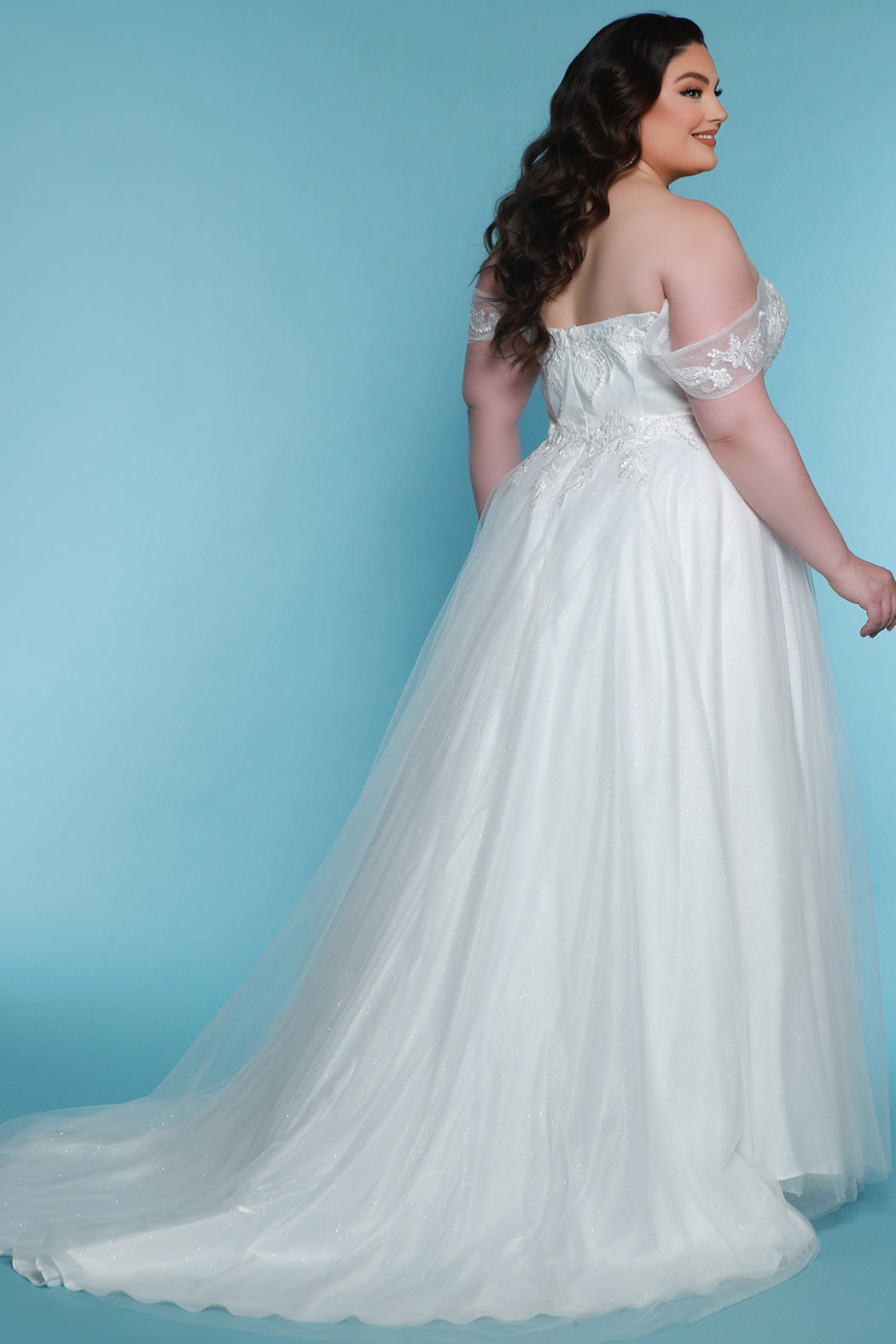 Sydneys Closet SC5312 Long Sequin A Line Floral Lace Wedding Dress