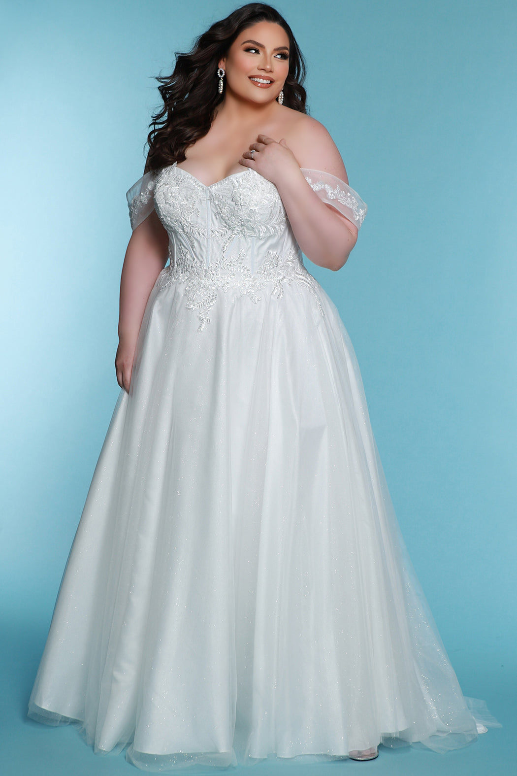 Sydneys Closet SC5312 Long Sequin A Line Floral Lace Wedding Dress