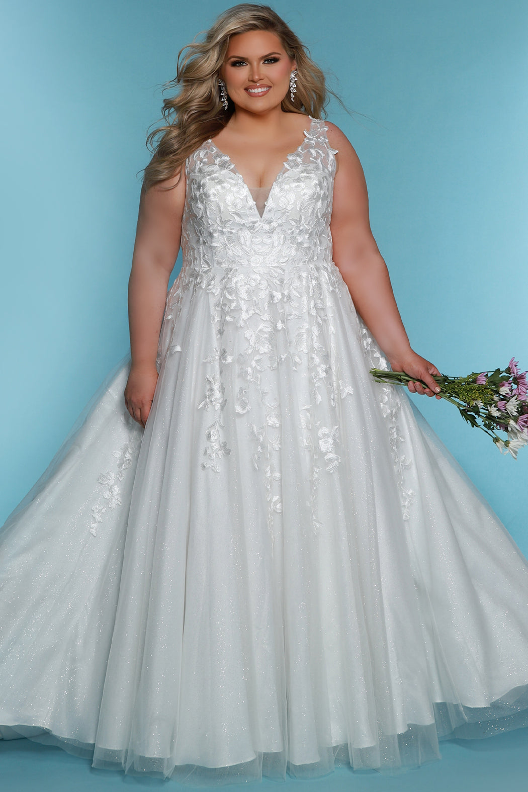 Sydneys Closet SC5318 A Line Lace Long Glitter Wedding Gown