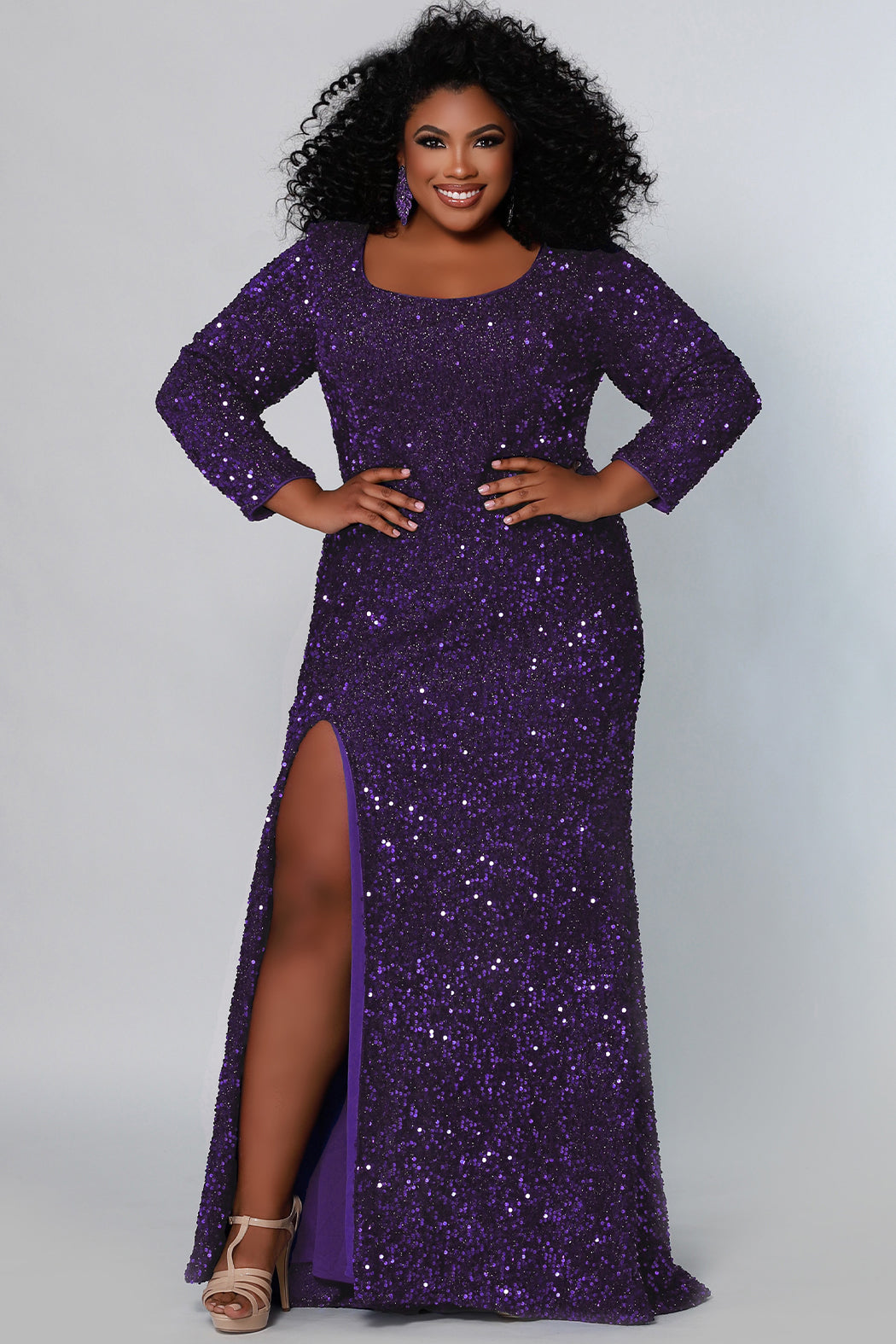 Long Sleeve Plus Size Formal Dress Purple
