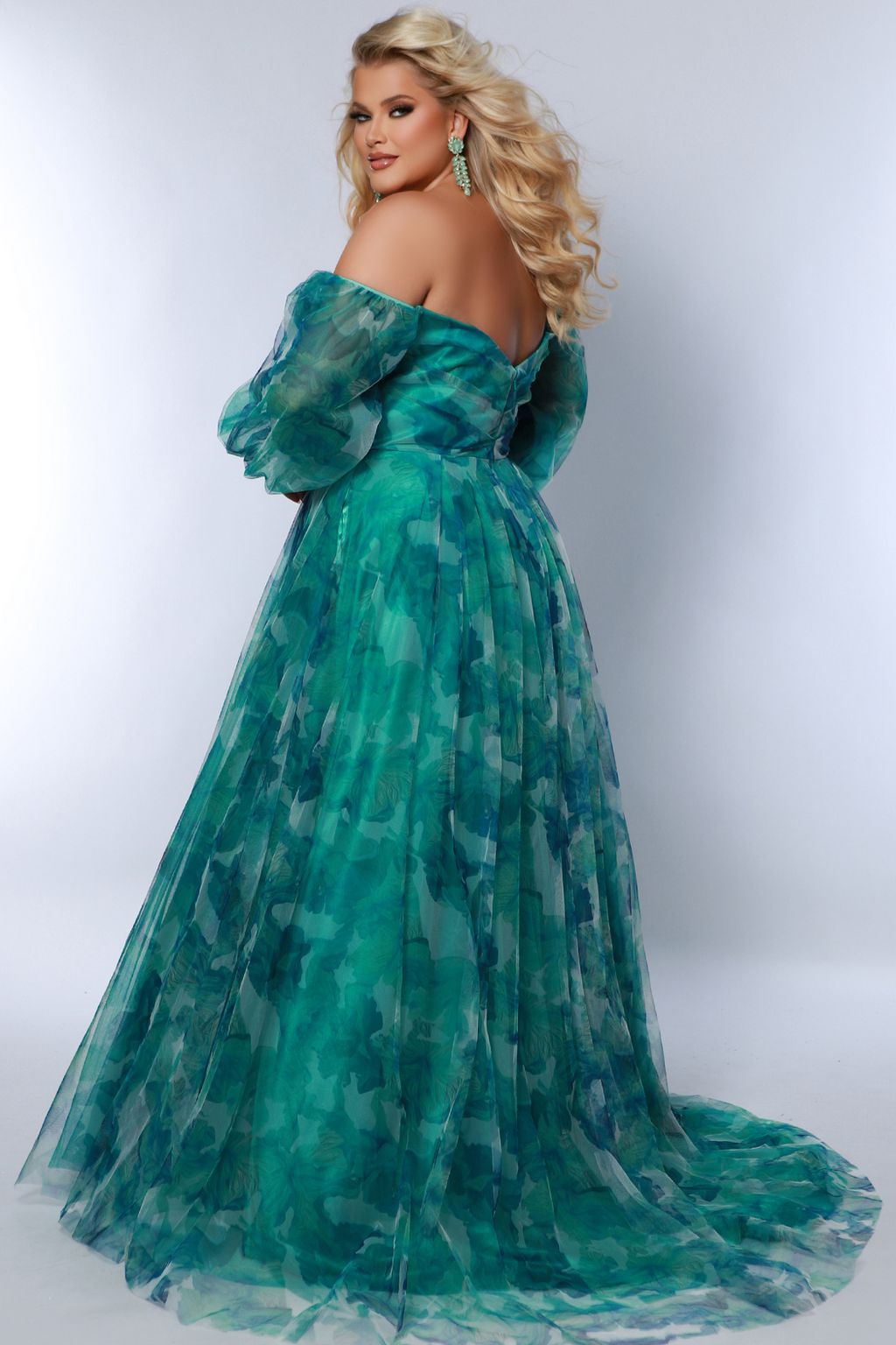 Sydneys Closet SC7386 Printed A Line Long Floral Slit Plus Size Prom Dress