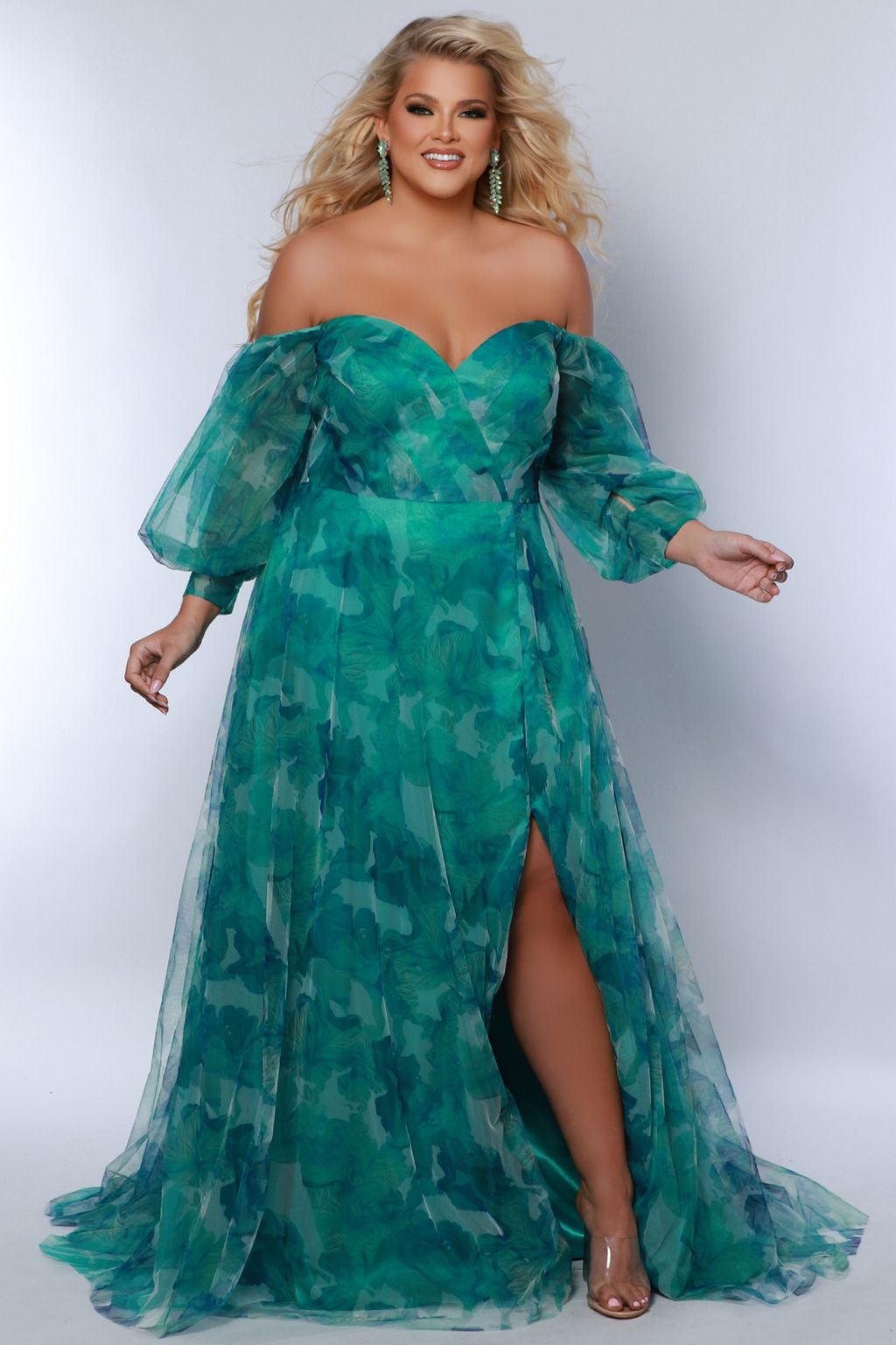 Sydneys Closet SC7386 Printed A Line Long Floral Slit Plus Size Prom Dress