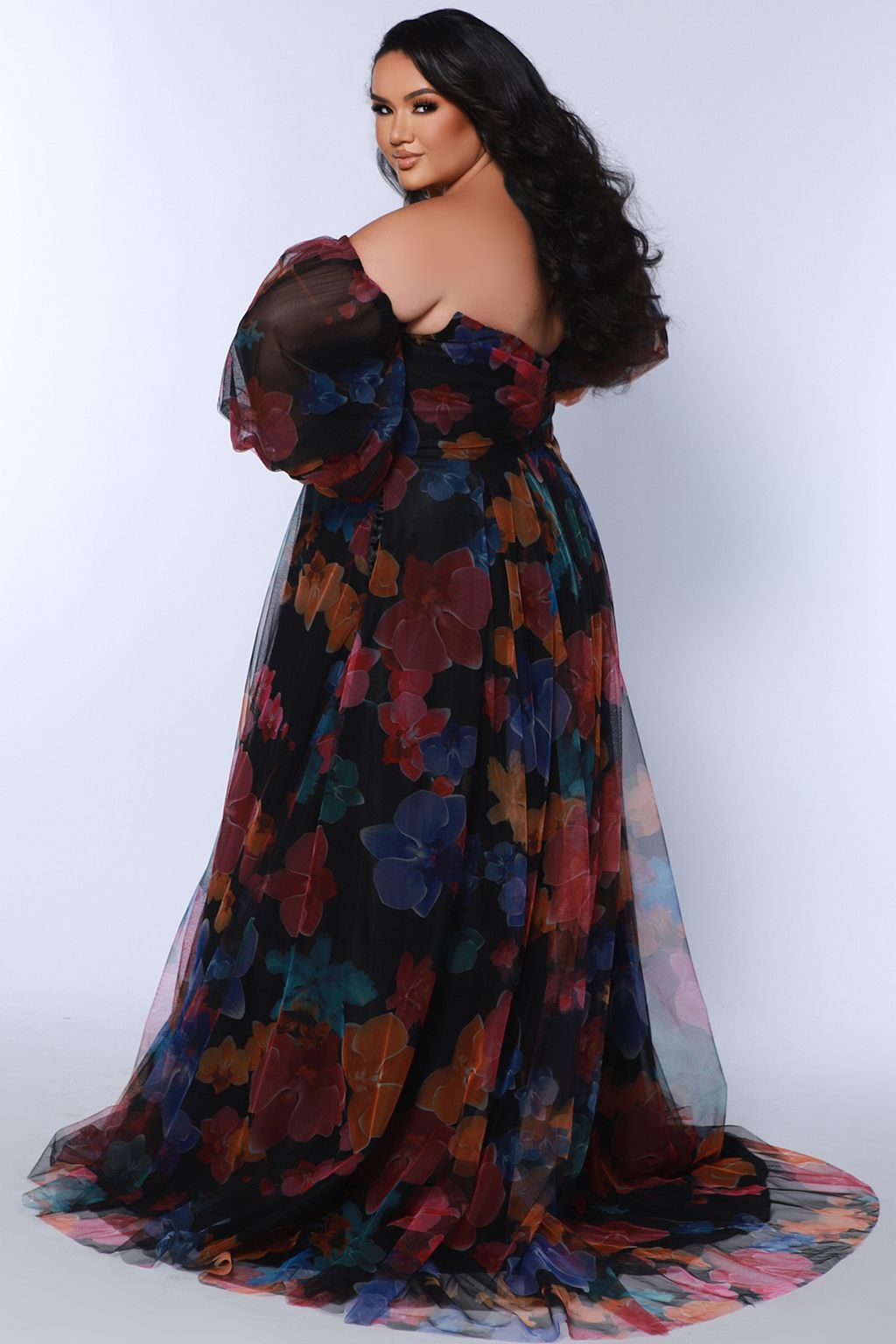 Sydneys Closet SC7386 Printed A Line Long Floral Slit Plus Size Prom Dress
