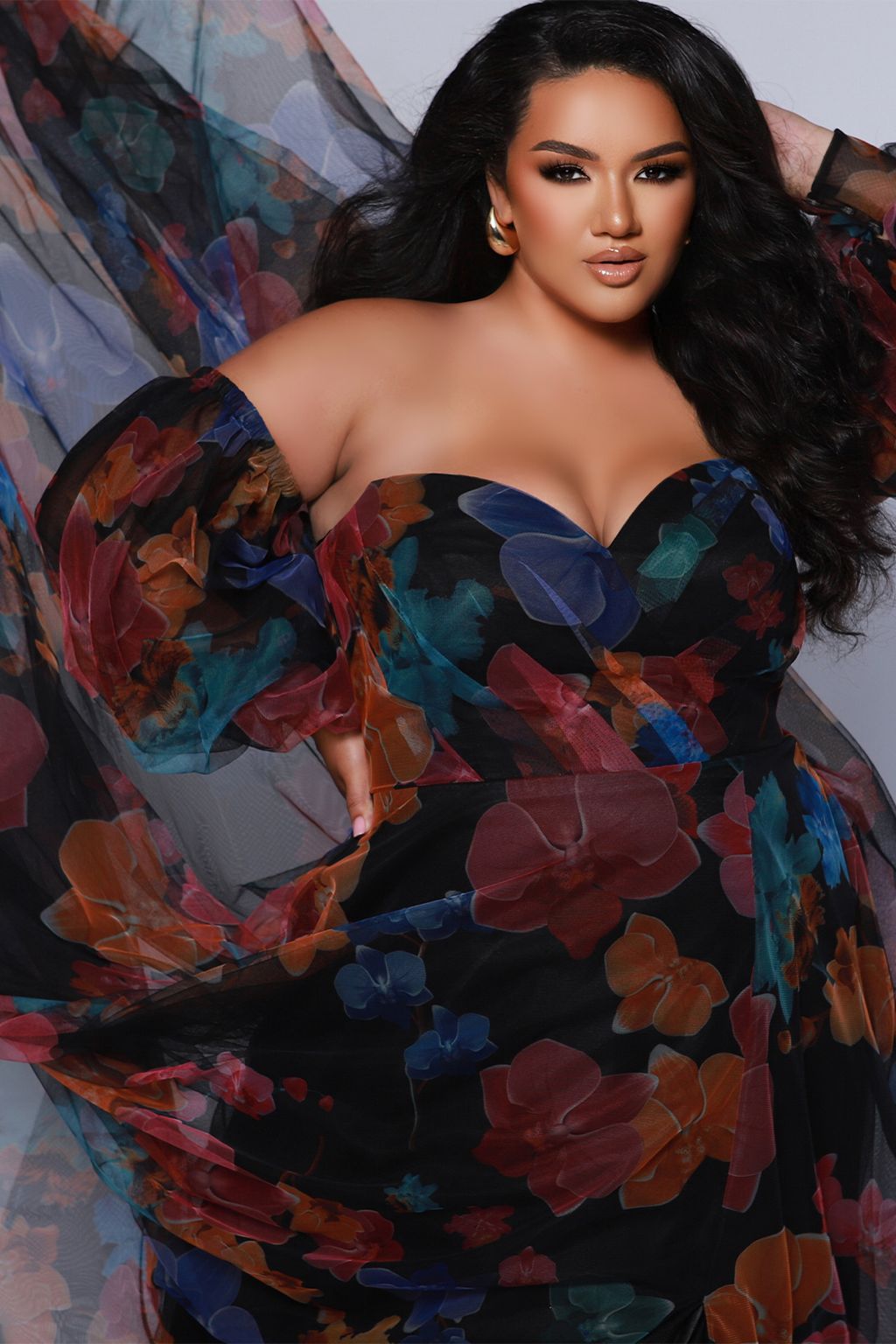 Sydneys Closet SC7386 Printed A Line Long Floral Slit Plus Size Prom Dress