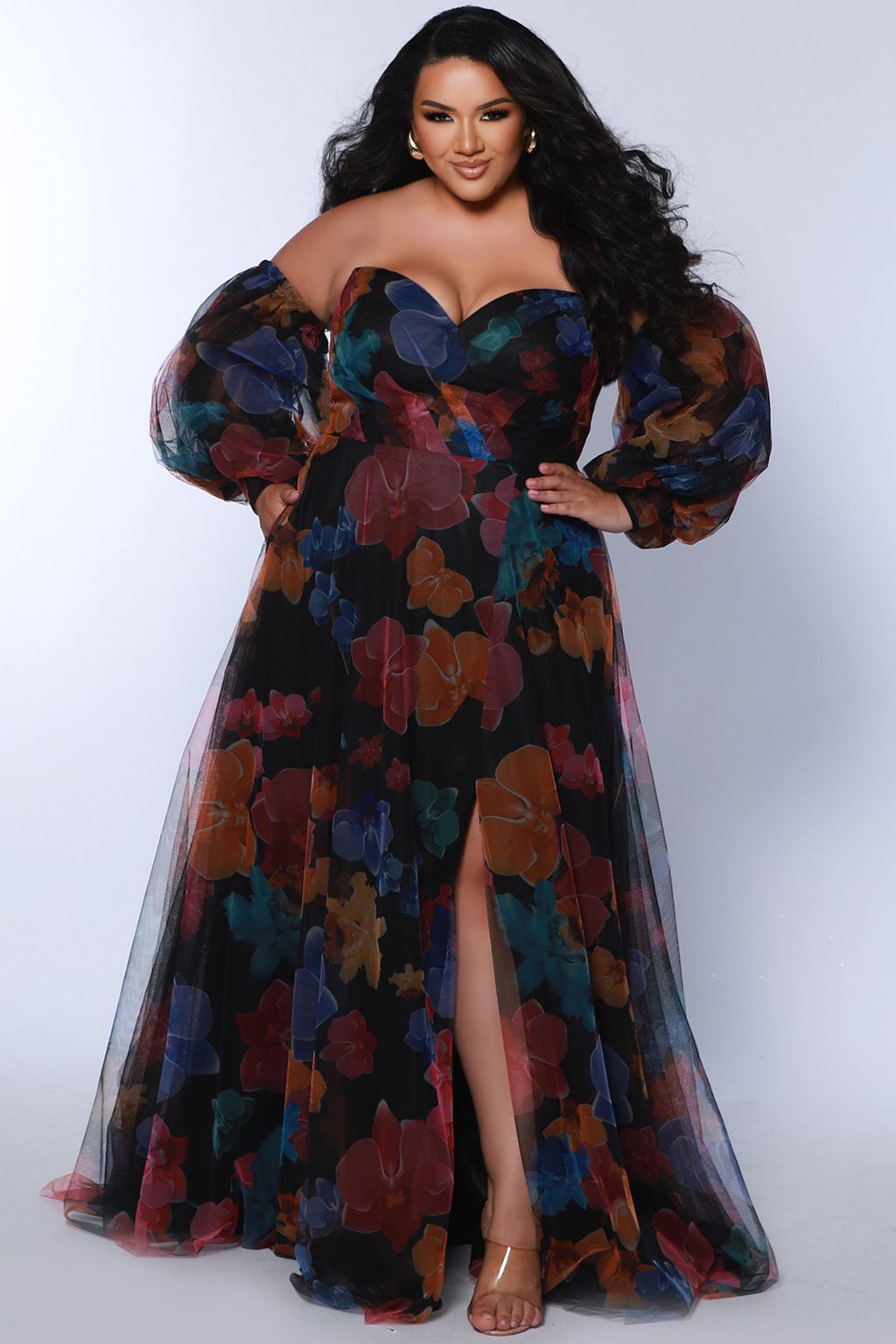 Sydneys Closet SC7386 Printed A Line Long Floral Slit Plus Size Prom Dress