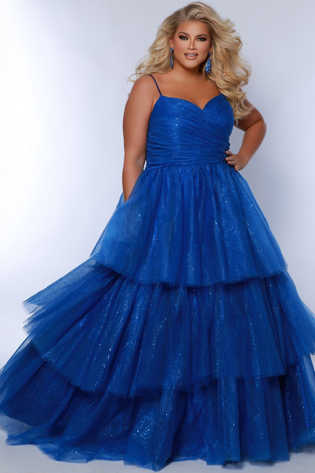 Sydneys Closet SC7392 Long Ball Gown Pleated Formal Prom Glitter Plus Size Dress