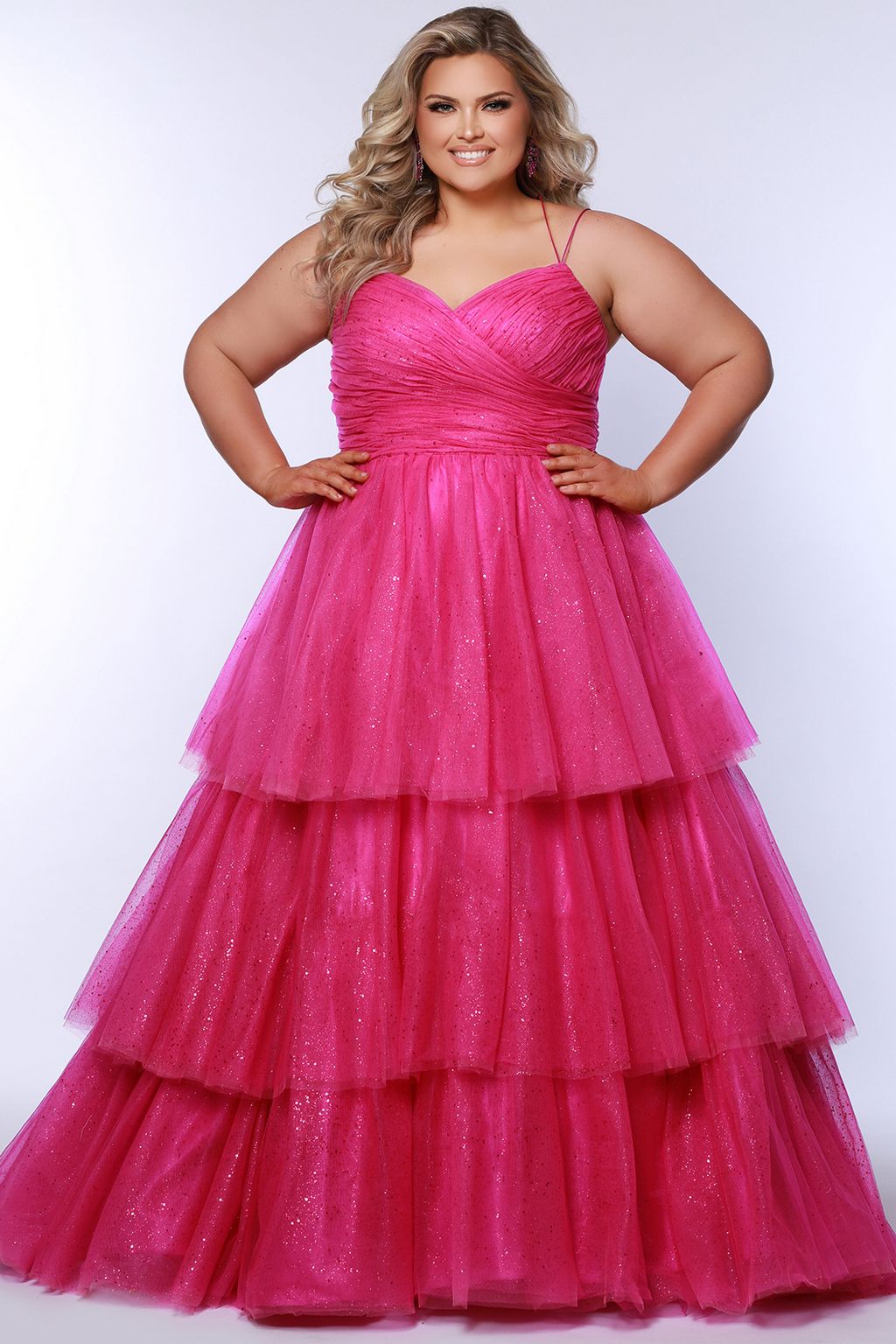 Sydneys Closet SC7392 Long Ball Gown Pleated Formal Prom Glitter Plus Size Dress