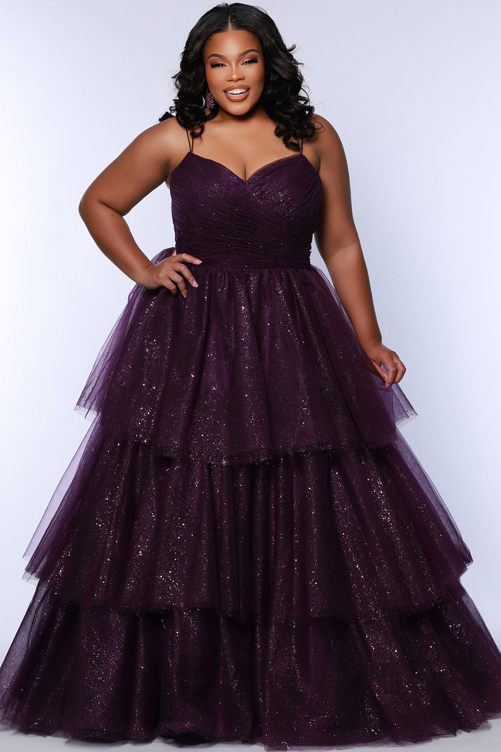 Sydneys Closet SC7392 Long Ball Gown Pleated Formal Prom Glitter Plus Size Dress