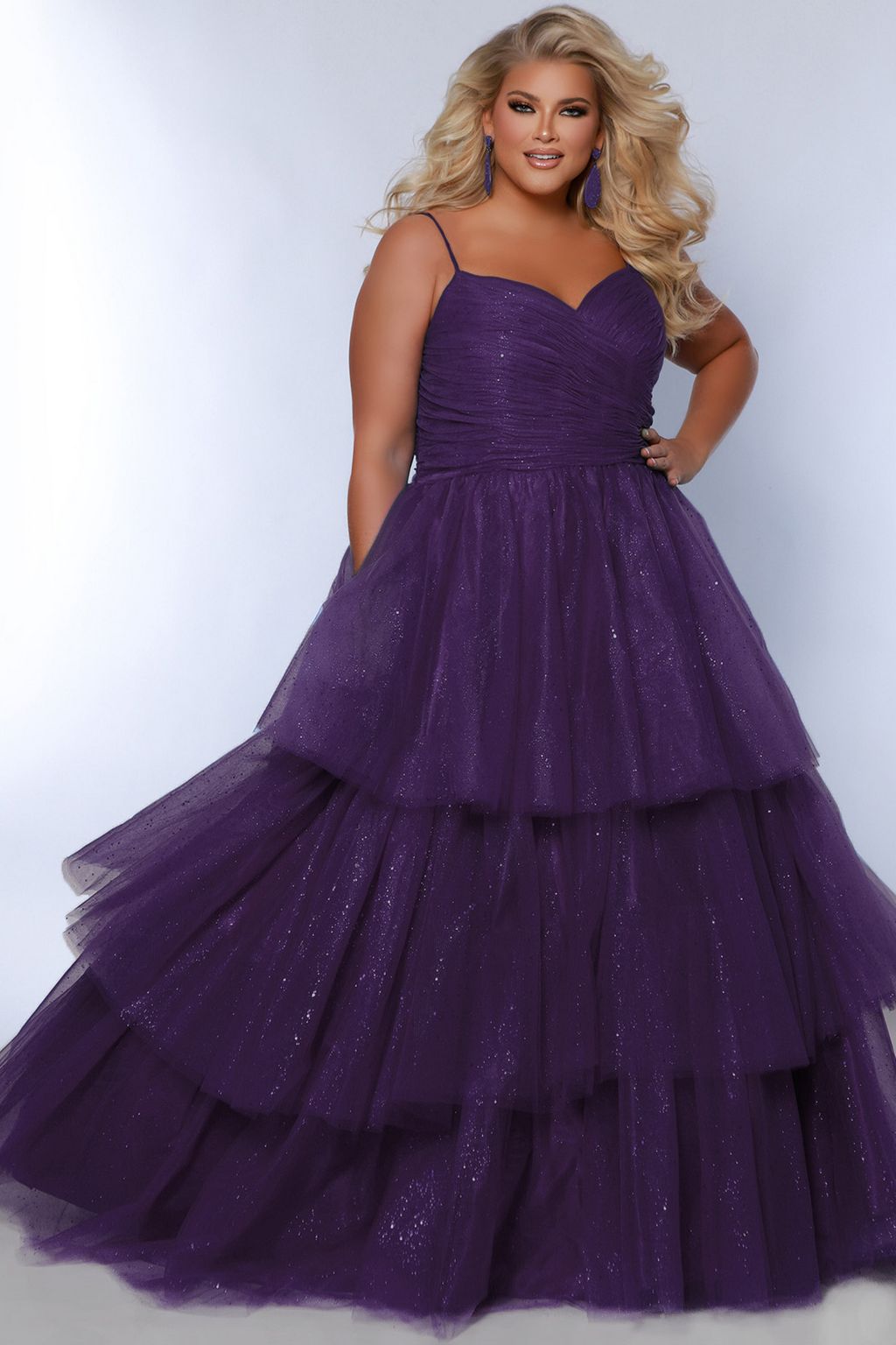 Sydneys Closet SC7392 Long Ball Gown Pleated Formal Prom Glitter Plus Size Dress