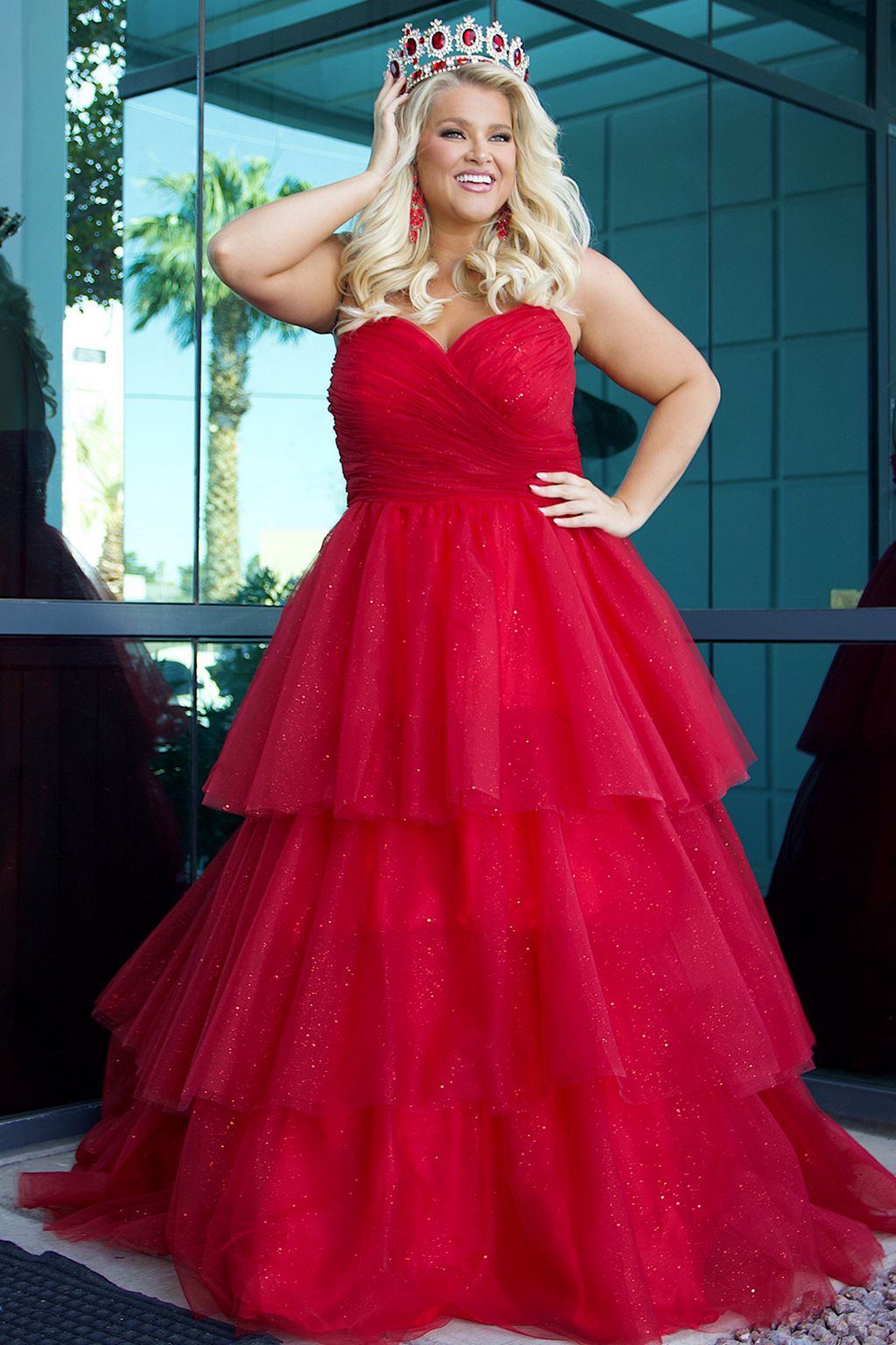 Sydneys Closet SC7392 Long Ball Gown Pleated Formal Prom Glitter Plus Size Dress