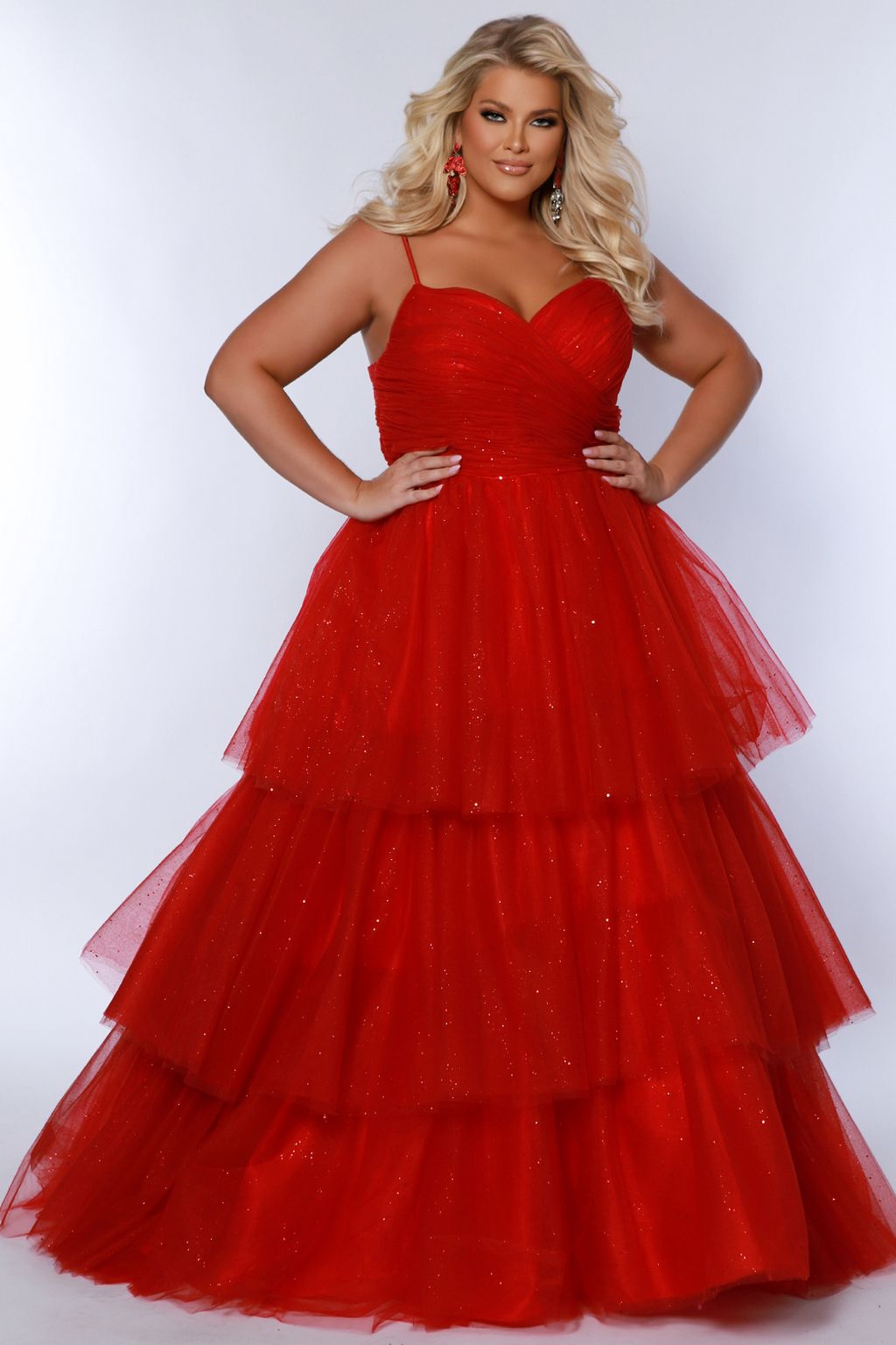 Sydneys Closet SC7392 Long Ball Gown Pleated Formal Prom Glitter Plus Size Dress