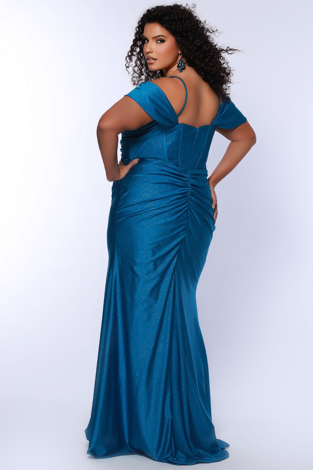 Sydneys Closet SC7402 Long Formal Ruched Prom Slit Plus Size Dress