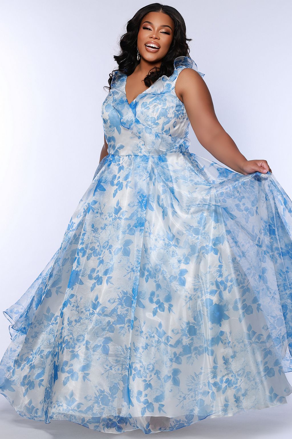 Sydneys Closet SC7404 A Line Long Floral Formal Printed Plus Size Prom Dress
