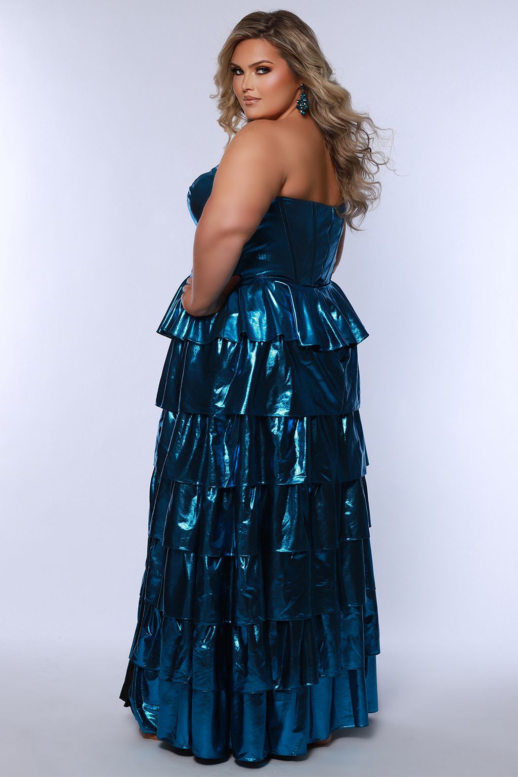 Sydneys Closet SC7405 Long Tieared A Line Formal Metallic Prom Plus Size Dress