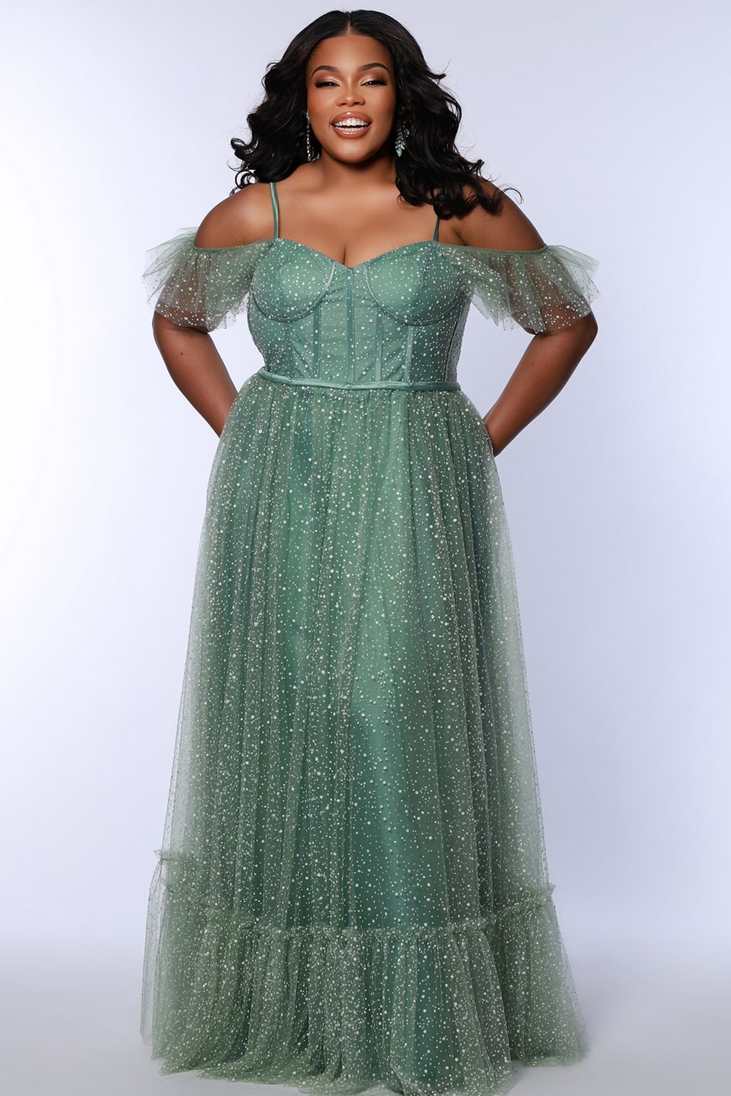 Sydneys Closet SC7411 Glitter Long A Line Formal Prom Plus Size Dress