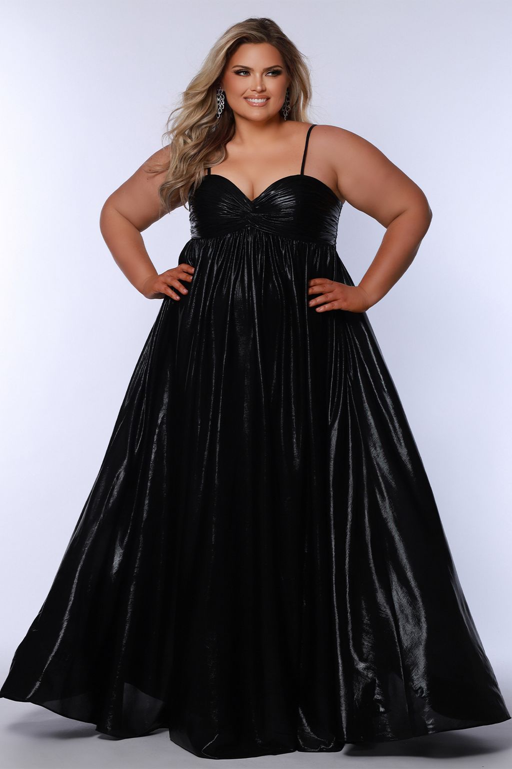 Sydneys Closet SC7414 Pleated Long Slit Formal Plus Size Prom Dress