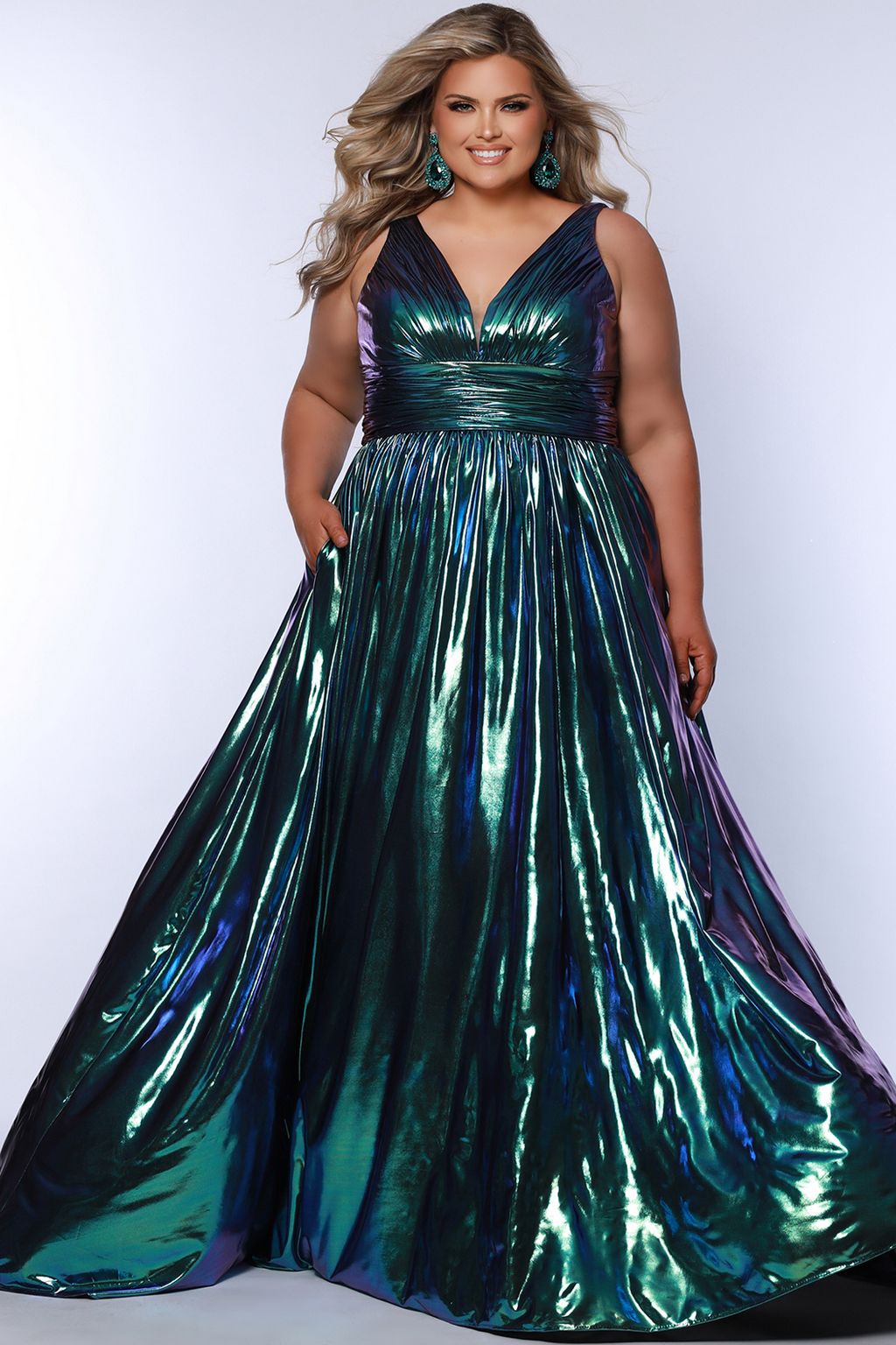 Sydneys Closet SC7415 Long Formal Metallic A Line Prom Plus Size Dress