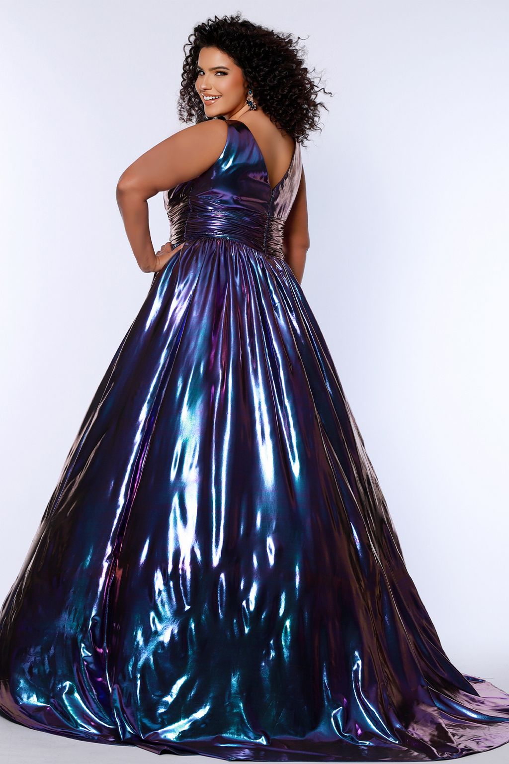 Sydneys Closet SC7415 Long Formal Metallic A Line Prom Plus Size Dress