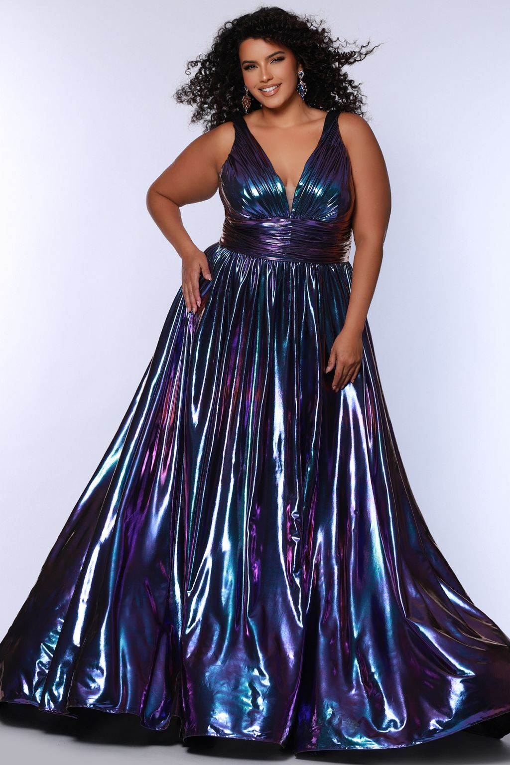 Sydneys Closet SC7415 Long Formal Metallic A Line Prom Plus Size Dress