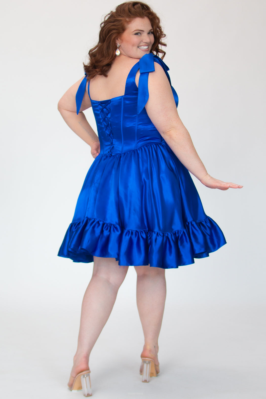 Sapphire Blue Tie-Strap Short Satin Cocktail Dress Ruffle Sydneys Closet SC8152
