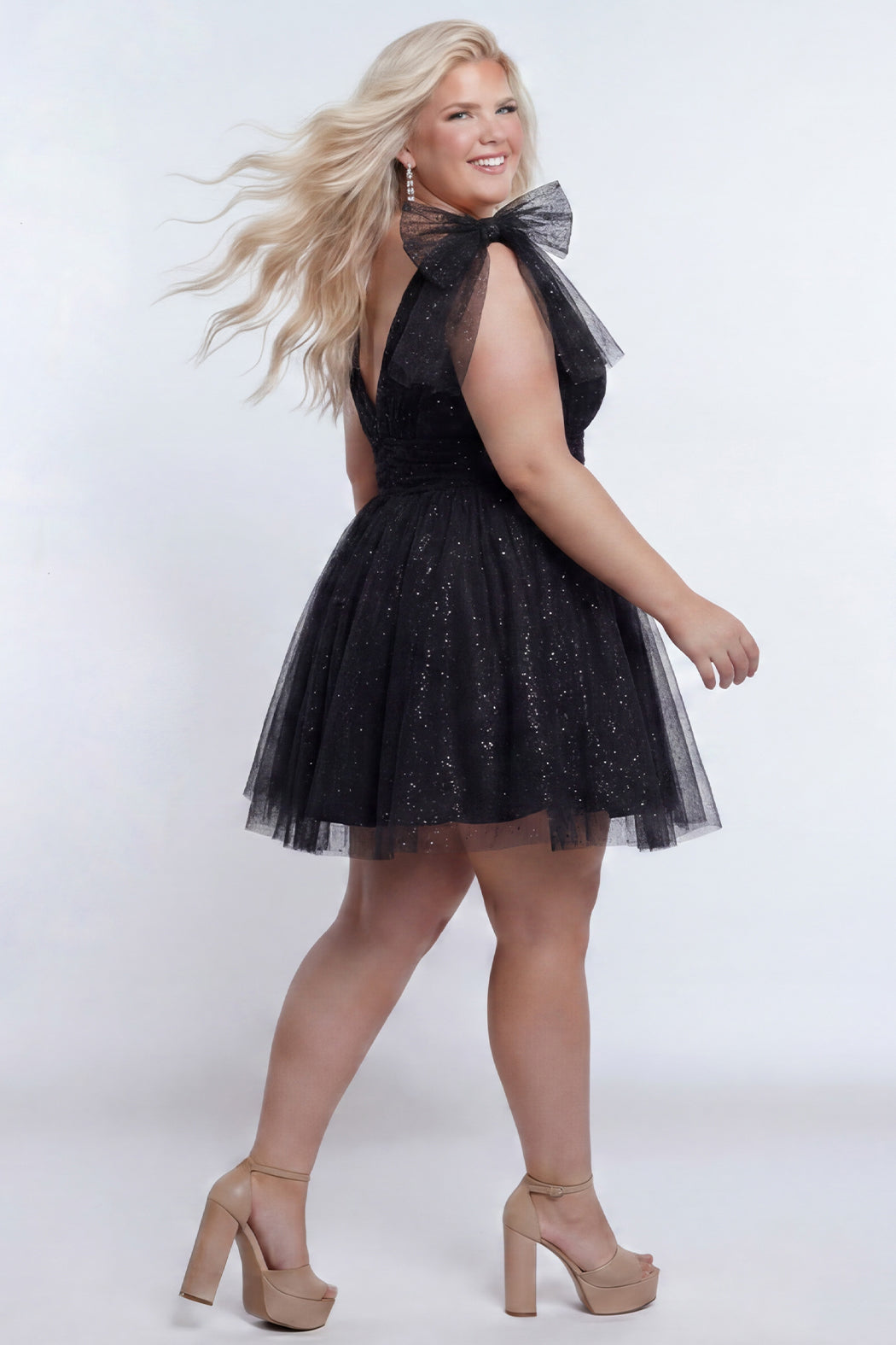 Onyx Black V-Neck Short Glitter Cocktail Dress Bows Sydneys Closet SC8153
