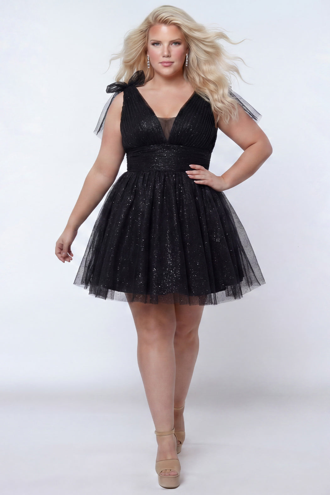 Onyx Black V-Neck Short Glitter Cocktail Dress Bows Sydneys Closet SC8153