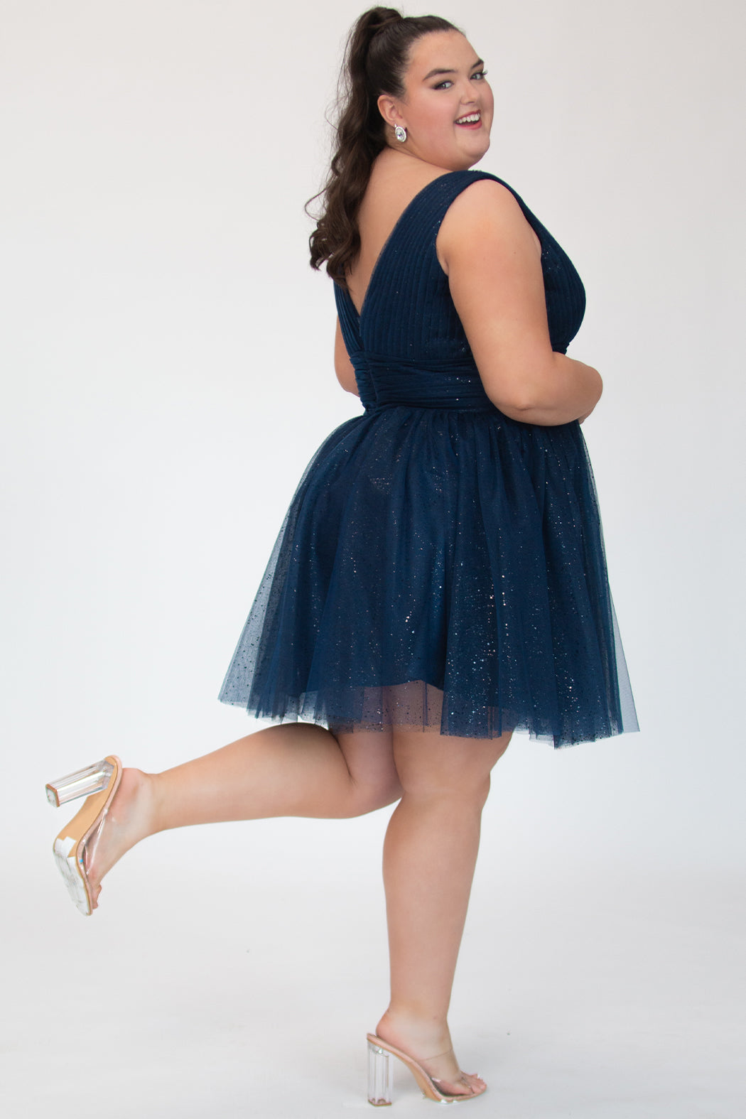 Admiral Blue V-Neck Short Glitter Cocktail Dress Bows Sydneys Closet SC8153