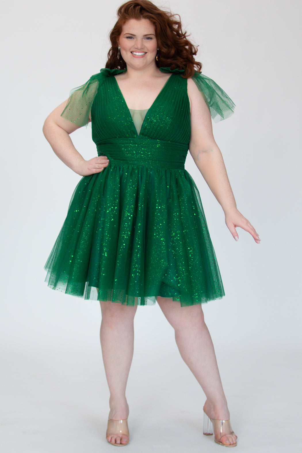Shamrock Green V-Neck Short Glitter Cocktail Dress Bows Sydneys Closet SC8153