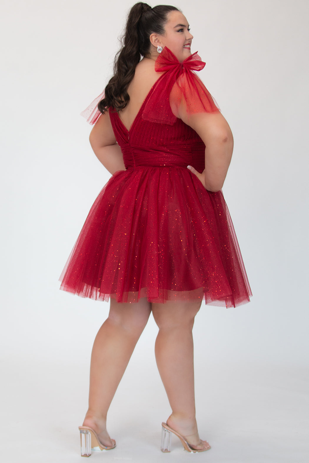 Firecracker Red V-Neck Short Glitter Cocktail Dress Bows Sydneys Closet SC8153