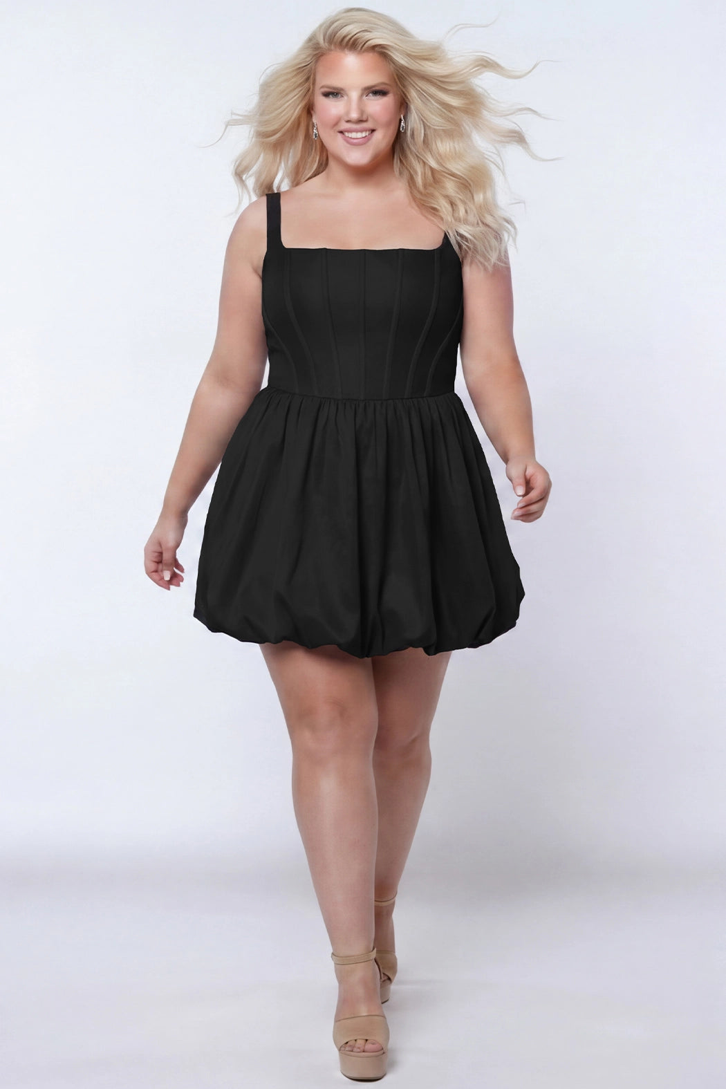 Black Square Neck Short Corset Cocktail Dress Bubble Hem Sydneys Closet SC8166