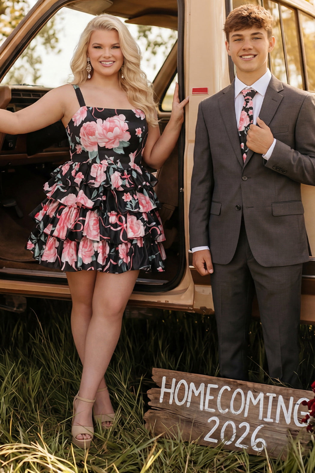 Black Floral Square Neck Short Woven Cocktail Dress Ruffle Sydneys Closet SC8174