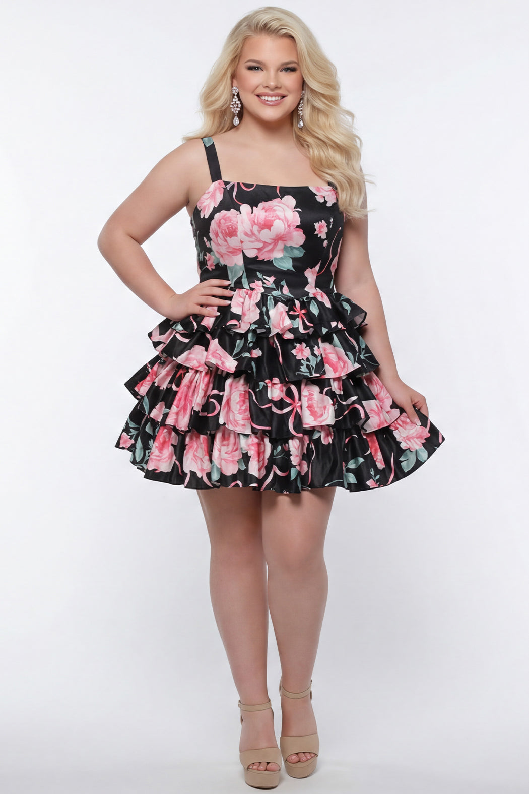 Black Floral Square Neck Short Woven Cocktail Dress Ruffle Sydneys Closet SC8174