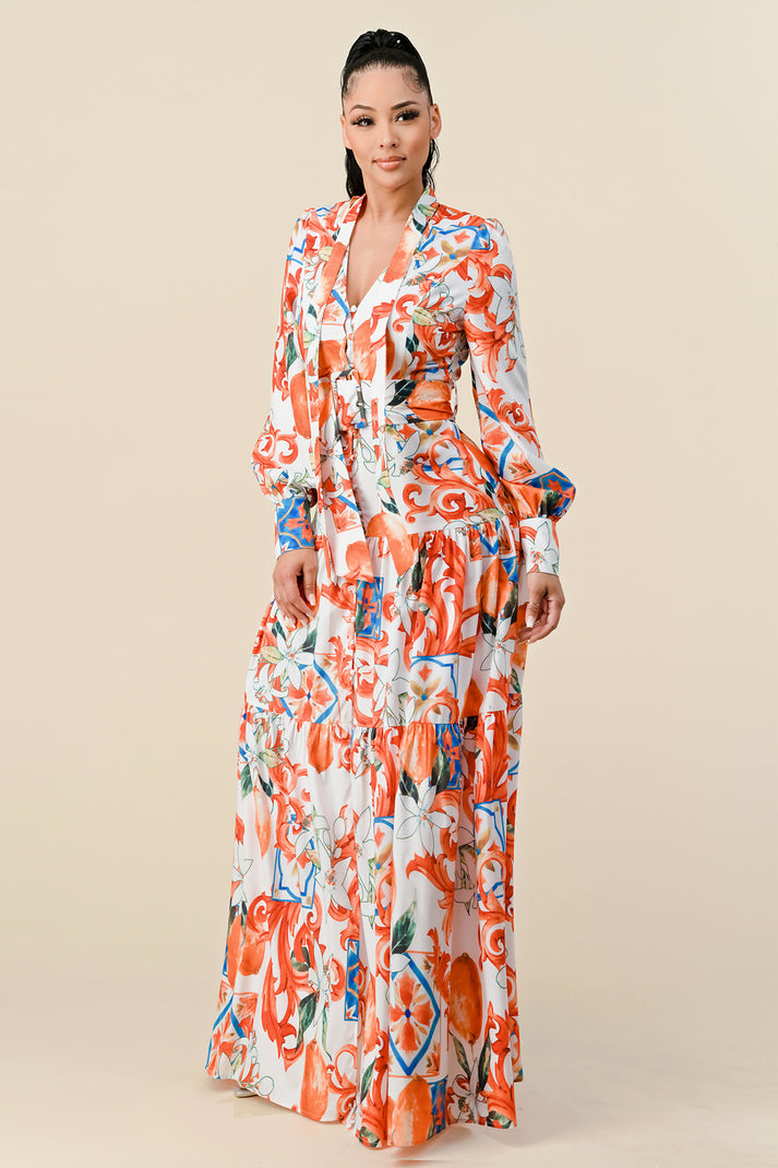 LONG WIDE SLEEVE V NECK PRINTED MAXI