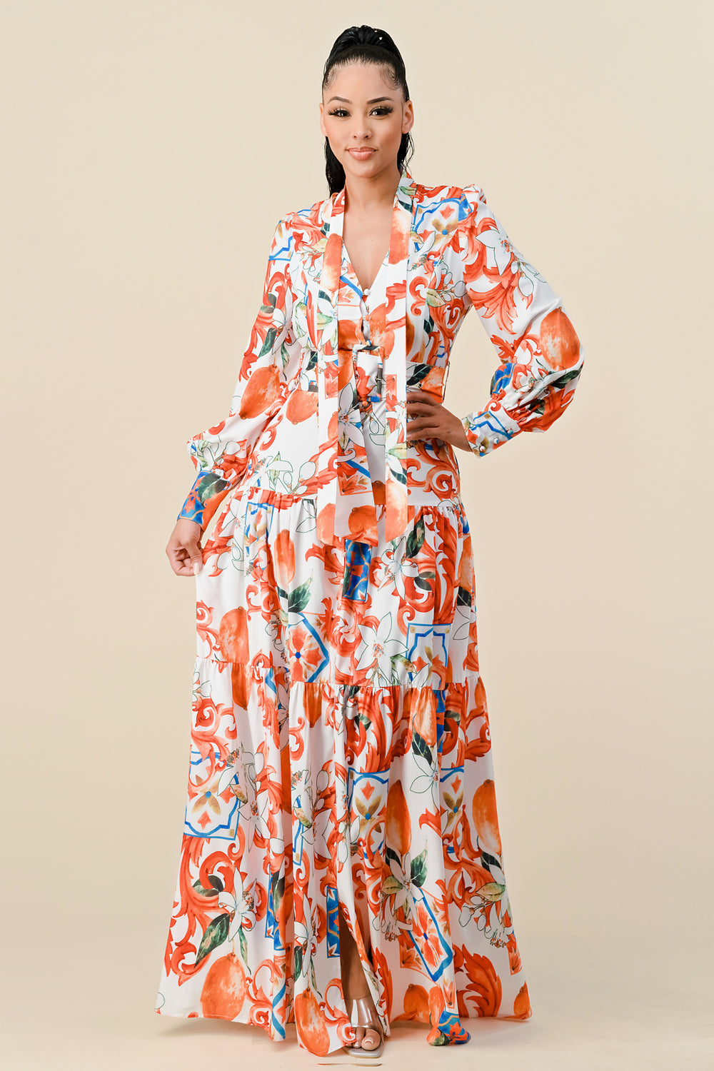 Stylish White Stand Collar Print Maxi Dresses Half Sleeve AO1022 main image 1