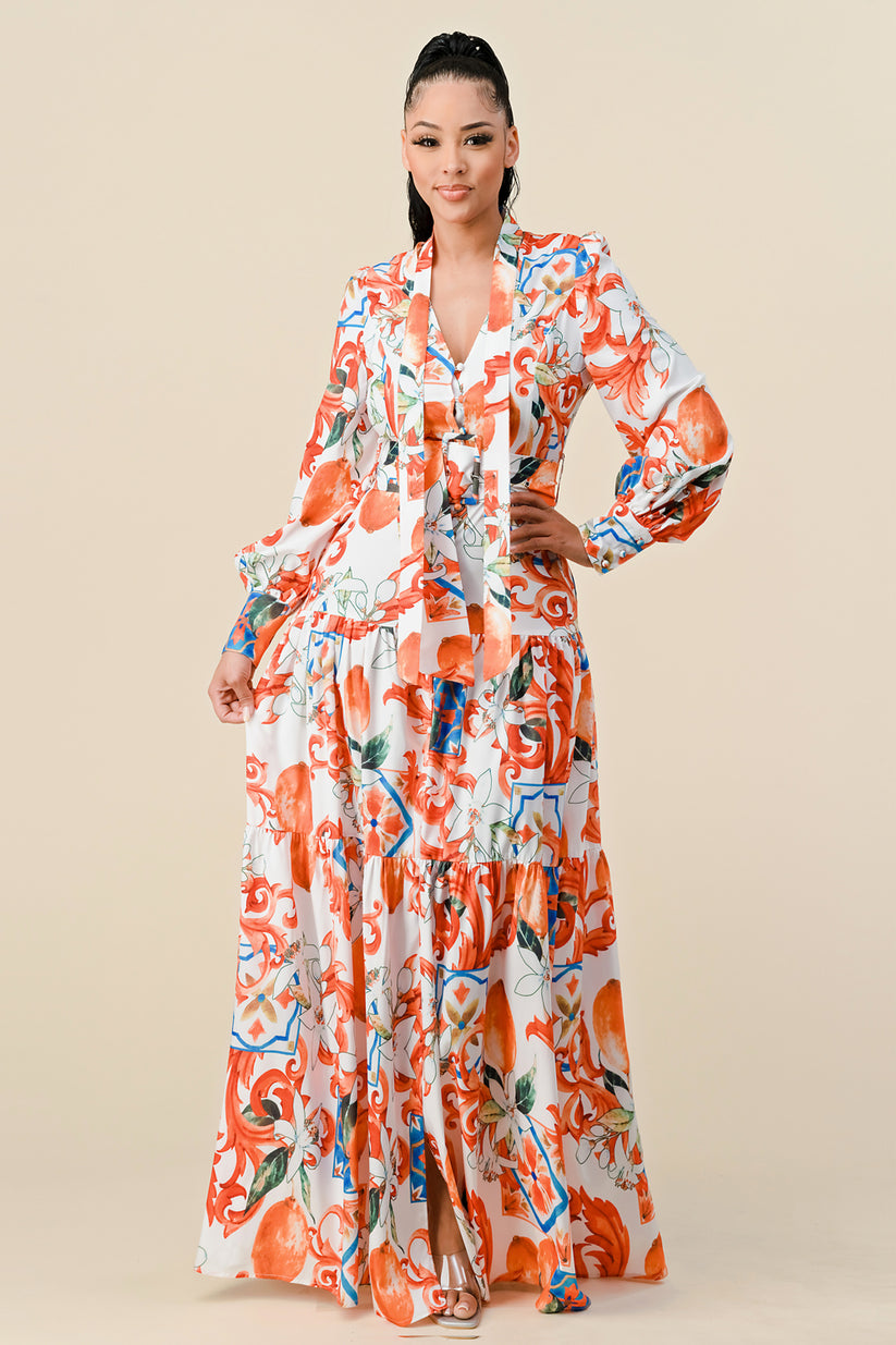 Off White Combo Long Sleeve V Neck Print Maxi Dress for $71.99 – The ...