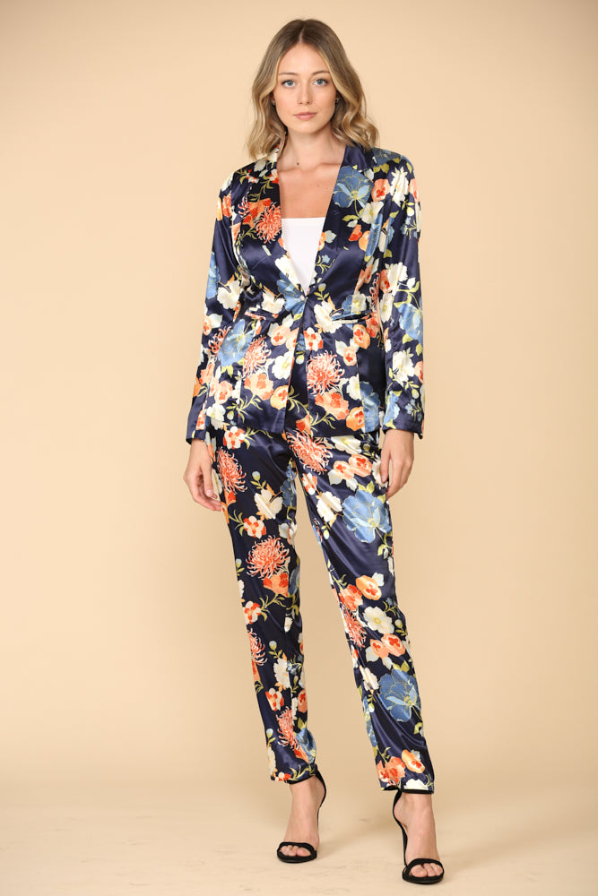 Floral Satin Print Jacket Pant Set