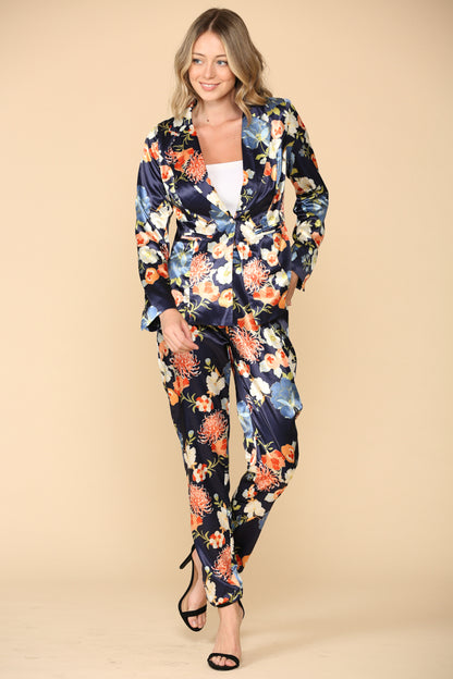 Pant Suit Floral Satin Print Jacket Pant Set Navy Coral