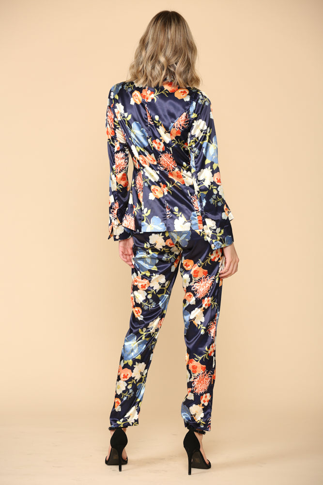 Floral Satin Print Jacket Pant Set