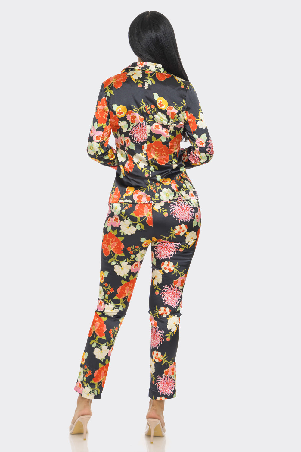 Floral Satin Print Jacket Pant Set