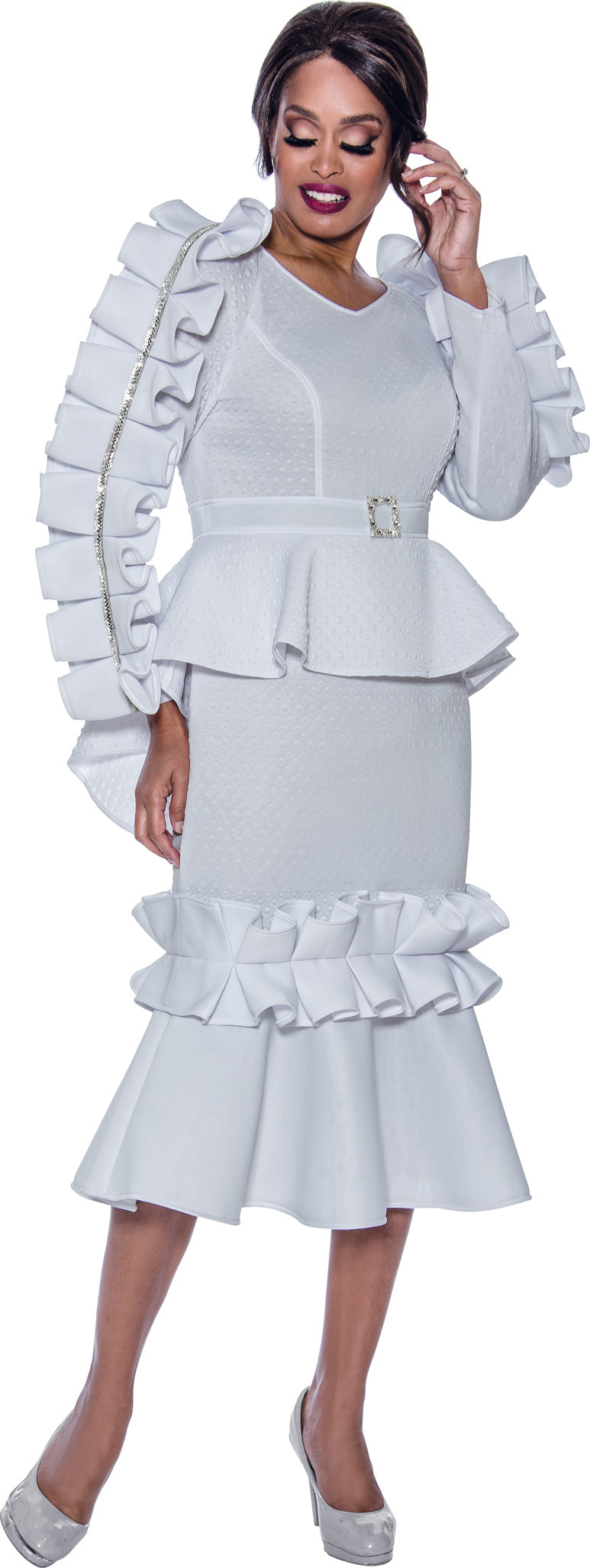 Plus Size Dresses Ruffle Plus Size Mother of the Bride Long Sleeve Dress White