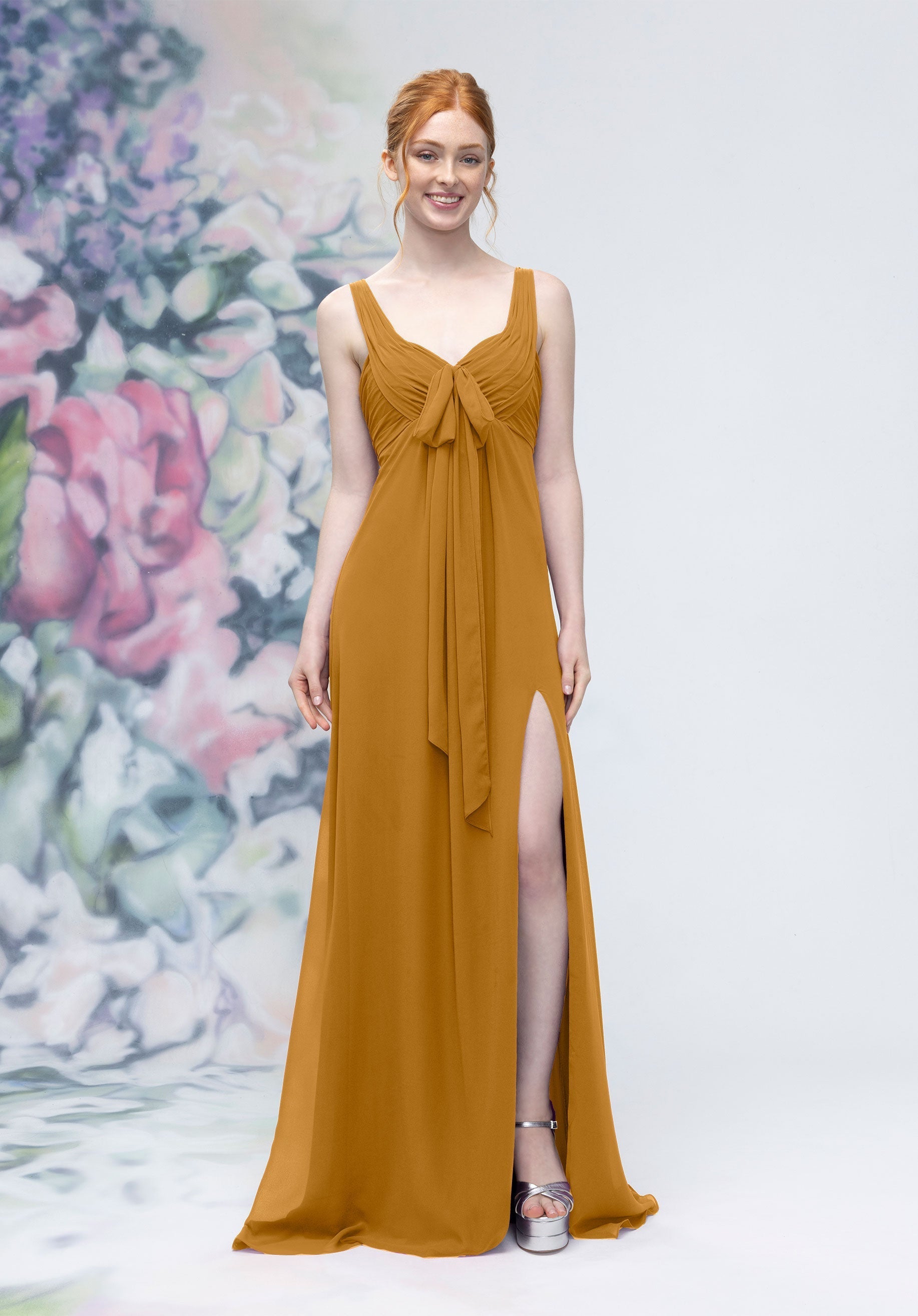 Formal Dresses Long A Line Formal Slit Dress Saffron-Chiffon-3030009-Pleated